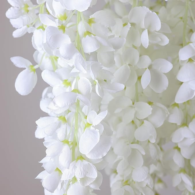 mizii 6Pcs White Wisteria Hanging Flowers 48" Silk Wisteria Artificial Flowers Garland Vines Fake Hanging Flowers Decoration for Wedding Flower Wall Backdrop Centerpieces Party Room Decor (White)