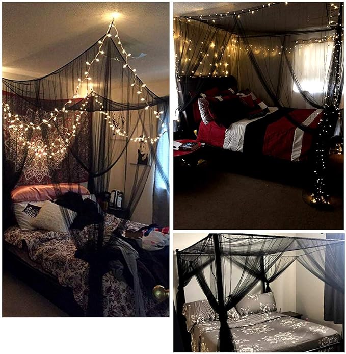 Bed Canopy, Canopy Bed Curtains Bed Drapes for Full Queen King Size Bed Mosquito Net Bed Canopy Curtains for Patio Indoor Outdoor Gothic Room Decor Screen Netting Canopy Curtains Blcak