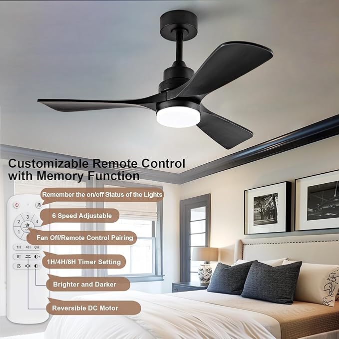 BOJUE 42 Inch Black Ceiling Fans with Lights and Remote,Dimmable LED Light,Quite Reversible DC Motor,Memory Function,Modern Solid Wood Indoor Outdoor Ceiling Fan with Light for Farmhouse Bedroom Patio