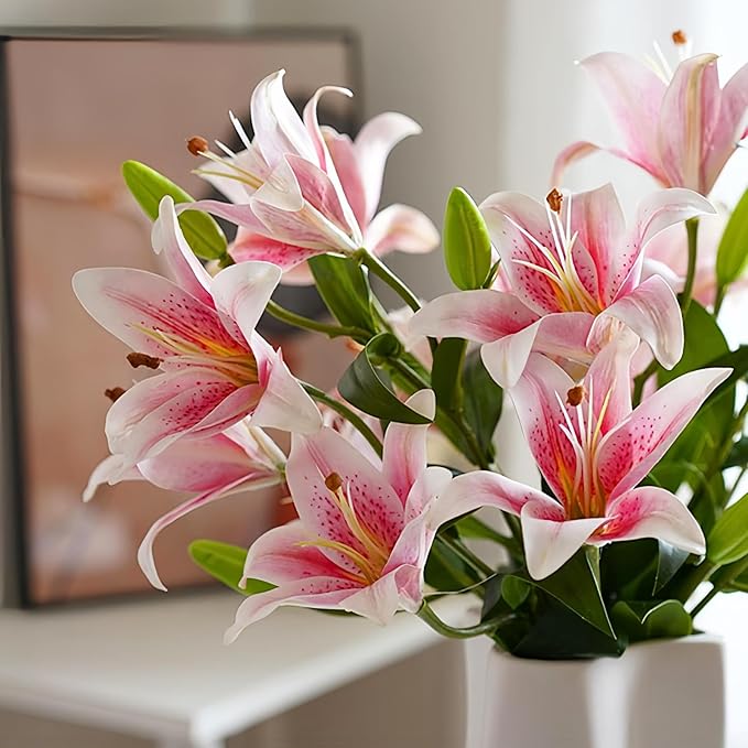 ASTRYAS 18 Heads Artifical Lily Flowers, Pink Artificial Stargazer Lilies with 18 Heads Full Bloom Lily & 6 Buds-Faux Lilies Flowers for Home Hotel Flower Arrangement Party Decor Cemetery（2PCS, Pink