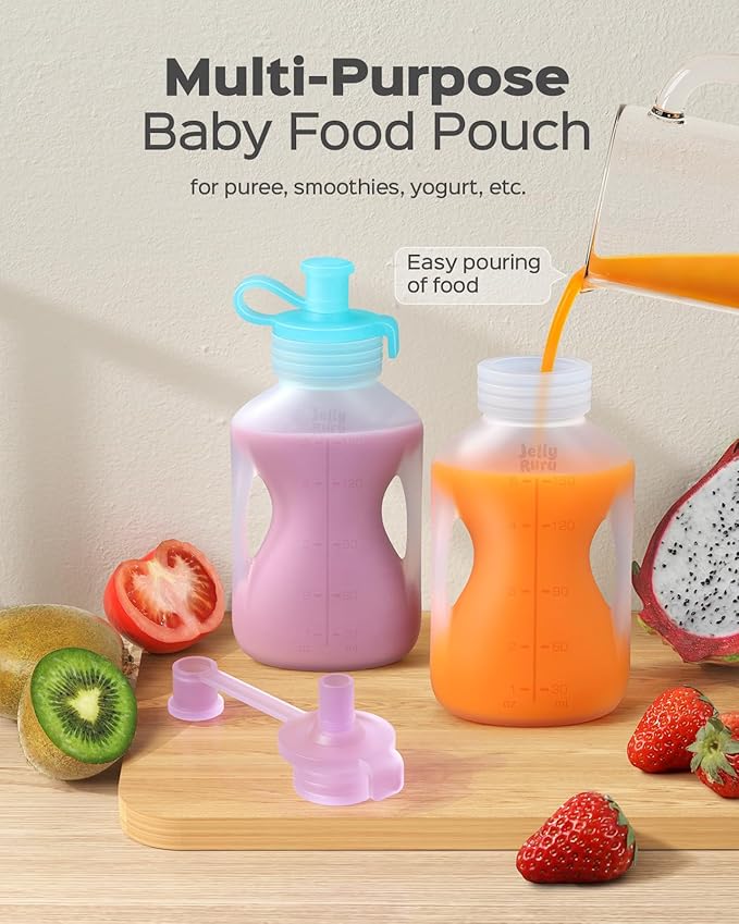 Silicone Reusable Baby Food Pouches with Straws, 4 Pack Leakproof Refillable Squeeze Pouches, Dishwasher, Freezer, Microwave Safe, 5OZ Baby Food Storage for Homemade Puree, Yogurt