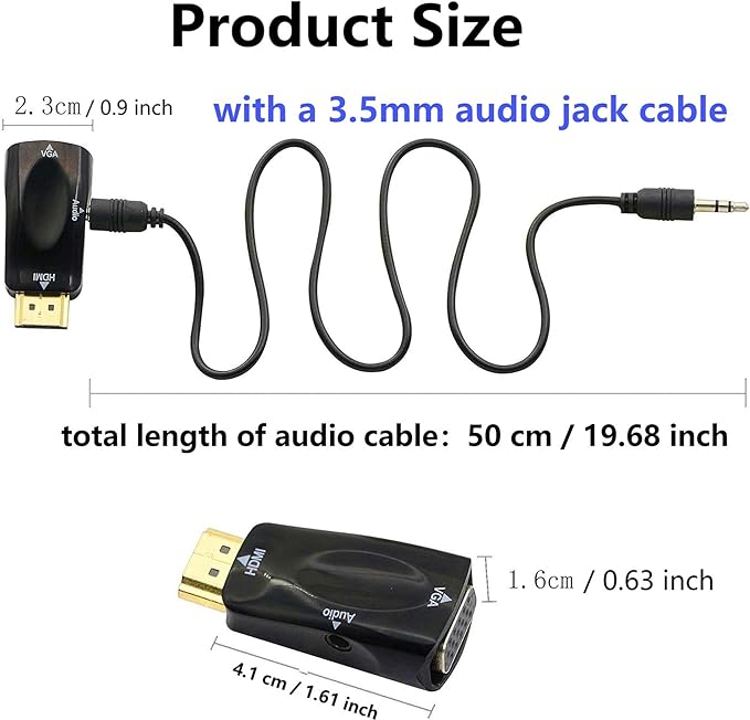 HDMI to VGA Adapter VGA Female to HDMI Male Gold Plated 1080P Connector Converter with 3.5mm Audio Jack Cable 50cm/19.68inch for PC HDTV Desktop Laptop Projector Monitor