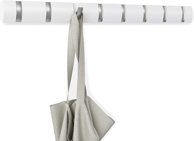 Umbra Flip Wall-Mounted Coat Rack Rail Hook for Hats, Jackets, Bags and More – Modern, Space-Saving Storage Organizer for Entryway, Mudroom, Closet, Bathroom, Bedroom, Kids Room, or Nursery, 8 Hooks,