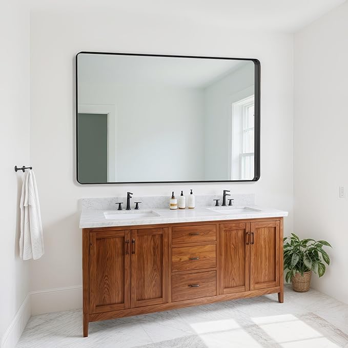 Suidia Bathroom Mirror, 36" x 55" Wall Mirror Metal Framed, Bathroom Vanity Mirror for Living Room Bedroom Bathroom Entryway, Black, Rounded Corner Style