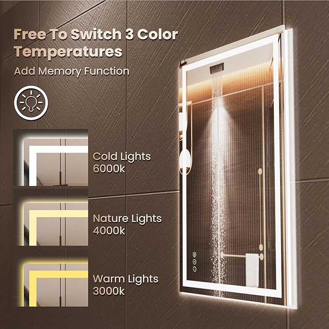 28"X36" LED Bathroom Mirror with Front Lights and Backlit, Anti-Fog, Dimmable, Shatter-Proof Tempered Glass, Lighted Bathroom Vanity Mirror for Wall with 3 Colors, Memory Function