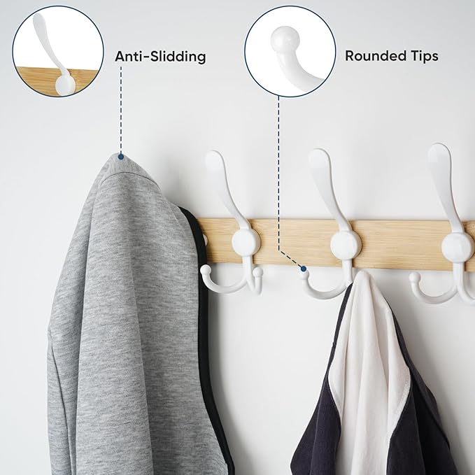 TICONN Wall Mounted Coat Rack, Five Heavy Duty Tri Hooks All Metal Construction for Jacket Coat Hat in Mudroom Entryway (Wood White, 2-Pack)
