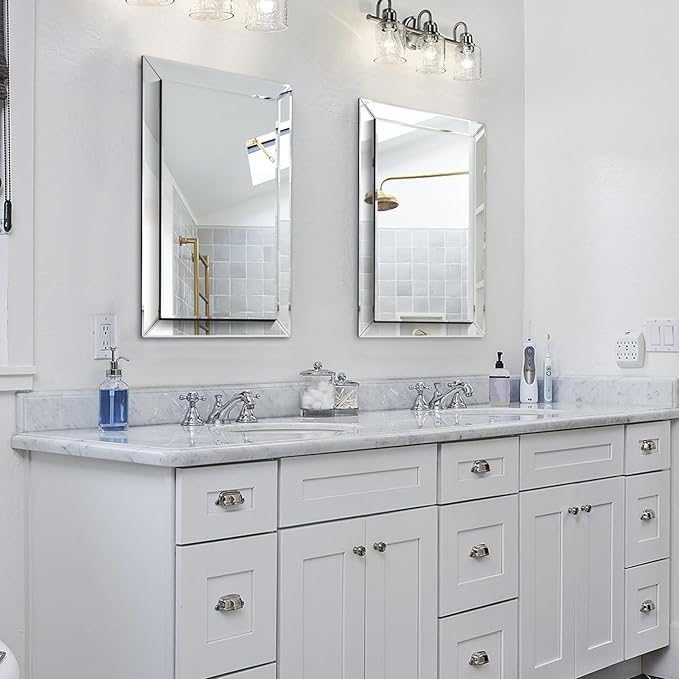 Pregaspor Mirror on Mirror Wall Mirror for Bathroom, 16" x 24" Rectangular Frameless Bathroom Vanity Mirrors for Wall, Polished Beveled Edge Mirrors for Washroom