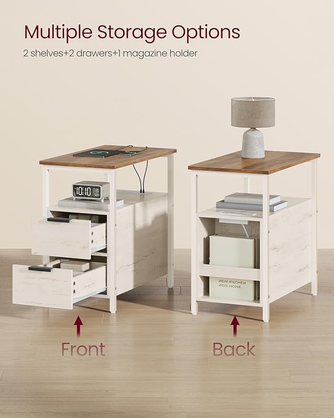 VASAGLE Side End Table with Charging Station, Slim Nightstand with 2 Drawers, Narrow Bedside Table for Living Room, Small Spaces, Honey Brown and Rustic White ULET321W01S
