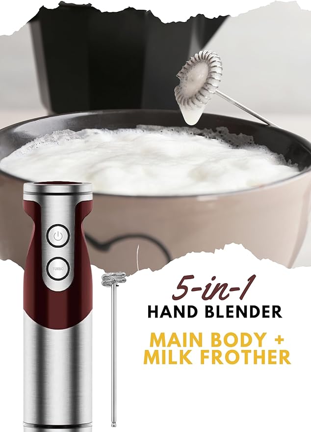 MegaWise 5-in-1 Immersion Hand Blender Set with Variable Speed, 400W, Stainless Steel - Includes Chopper, Whisk, Milk Frother, and Beaker - Ideal for Soups, Smoothies, Baby Food & More (RED)