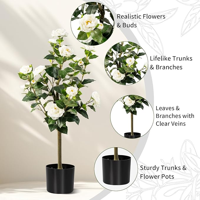 Artificial Camellia Tree 2 Pack, Artificial Plants Outdoor Faux Floral Plant in Cement Pot Fake Silk Camellia Tree Plants for Home House Living Room Office Decor