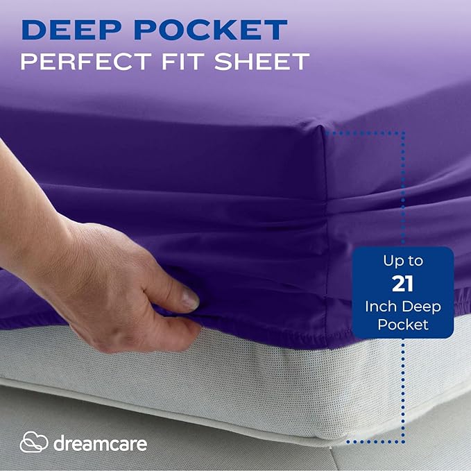 DREAMCARE California King Sheet Sets – 4 pcs Cooling Sheets – up to 21” Deep Cal King Sheets – Hotel Luxury Sheets & Pillowcases – Superior Softness 100% Fine Microfiber with Side Pocket – Purple