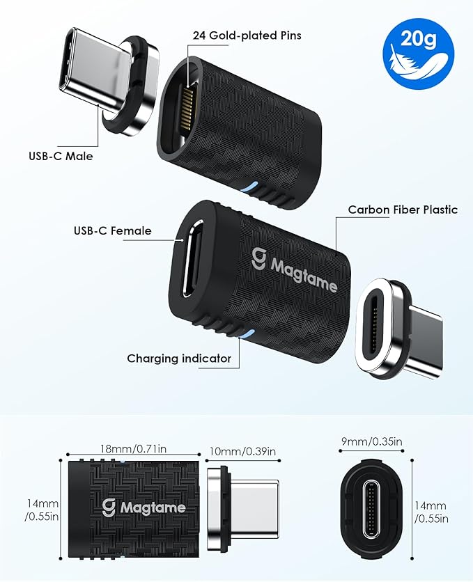 Magtame 24Pin Magnetic USB C Adapter 240W (2Pack), Straight USB-to-USB Adapters, 40Gbps Data Tansfer & 4K Video Output, Plastic Carbon Fiber Texture, Port Protector for USB4 Laptop iPhone 17