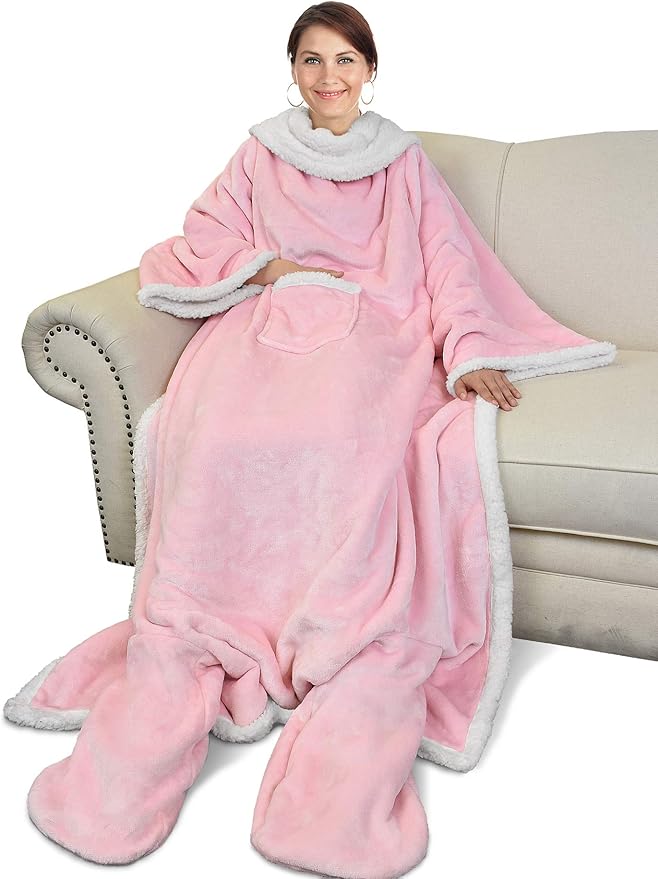 Catalonia Sherpa Wearable Blanket with Sleeves & Foot Pockets for Adult Women Men, Comfy Snuggly Wrap Sleeved Throw Blanket Robe, Gift Idea, Pink