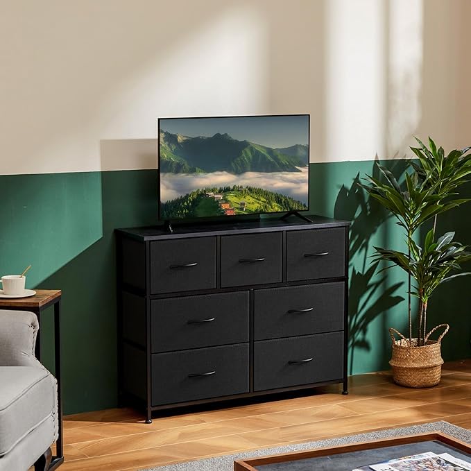 OLIXIS 7 Drawers Dresser for Bedroom, Fabric Storage Tower for Living Room, Entryway - Sturdy Steel Frame, Wooden Top & Easy Pull Fabric Bins, Closet Chests Organizer for Clothes, Black