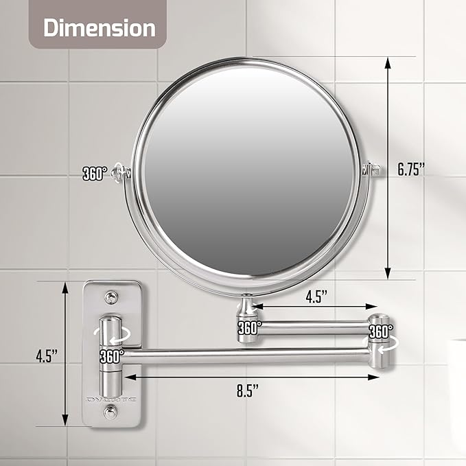 OVENTE 7" Wall Mounted Makeup Mirror with 1X/10X Magnification, Double Sided Magnifying Round Bathroom Vanity Mirror, 360° Swivel Design, Extendable and Folding Arm, Nickel Brushed MNLFW70BR1X10X