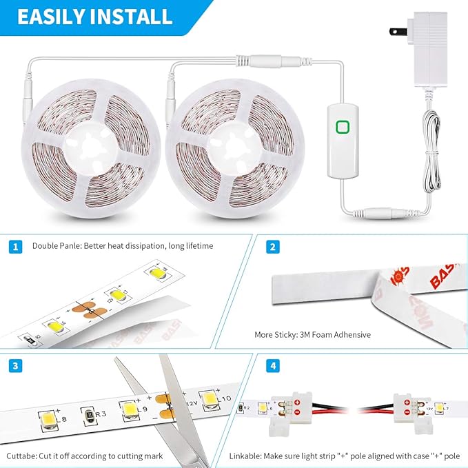 Led Strip Lights 50.5ft White Dimmable Led Light Strip Flexible Rope Lights Kits with 24v Etl Power Supply, Adhesive Clips, Dimmer Switch and Connectors for Indoor Decor