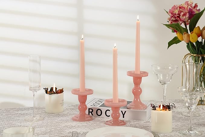 GMWD 3 Pcs Glass Candle Holder Set Clear, Pink Candlesticks Holders Pillar Taper Candles Tealight Stand for Wedding Centerpieces Home Decorations Dining Table