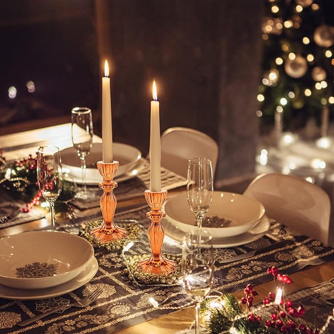 Glass Candle Holders, 2PCS Pillar Candle Holders Decorative Candlestick Holders Table Centerpieces Valentines Wedding Home Decor, Orange