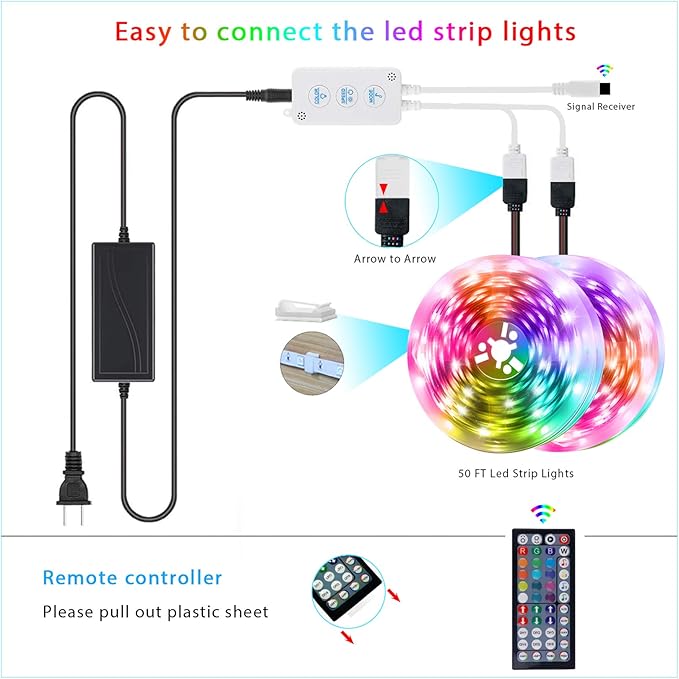 QZYL 50 Feet Led Strip Lights Home,Led Lights for Bedroom,Music Sync Color Changing Flexible Timing Rope Lights,44 Key Remote App Control RGB Tape Light DIY Colors Luces for Bedroom Party Decoration