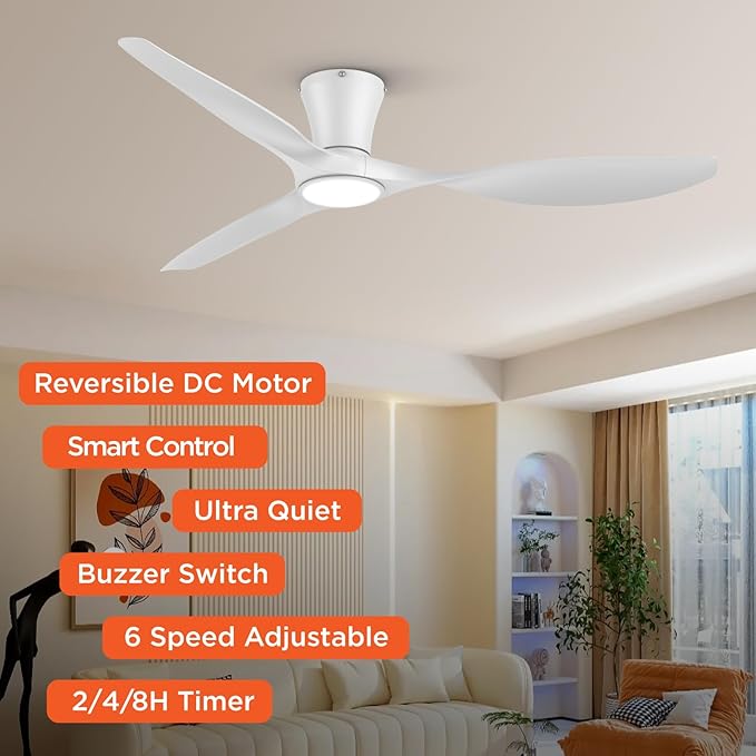 TALOYA 52 inch Smart Ceiling Fan,Low Profile Ceiling Fan with Light and Remote/App Control,Flush Mount, Quiet Reversible Motor for Living Room Bedroom Patio White