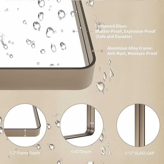 LOAAO 40”X32” Bronze Bathroom Mirrors for Vanity, Rounded Rectangle Brushed Bronze Metal Frame Mirror, Anti-Rust, Tempered Glass, Hangs Horizontally or Vertically