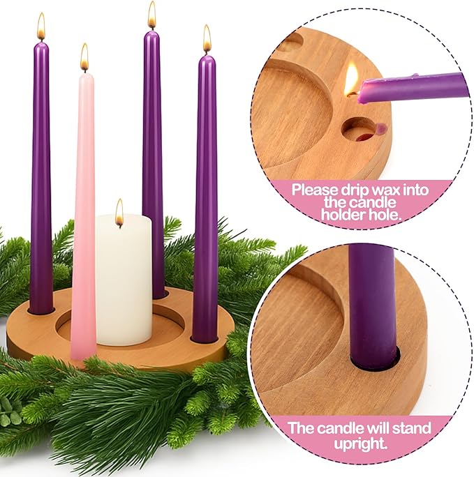 Mumufy 6 Pcs Advent Candle Holder Set Nativity Christmas Centerpiece Religious Decorations Rustic Wooden Advent Candlestick Holders with Purple Pink Taper Candles for Thanksgiving Christmas Nativity