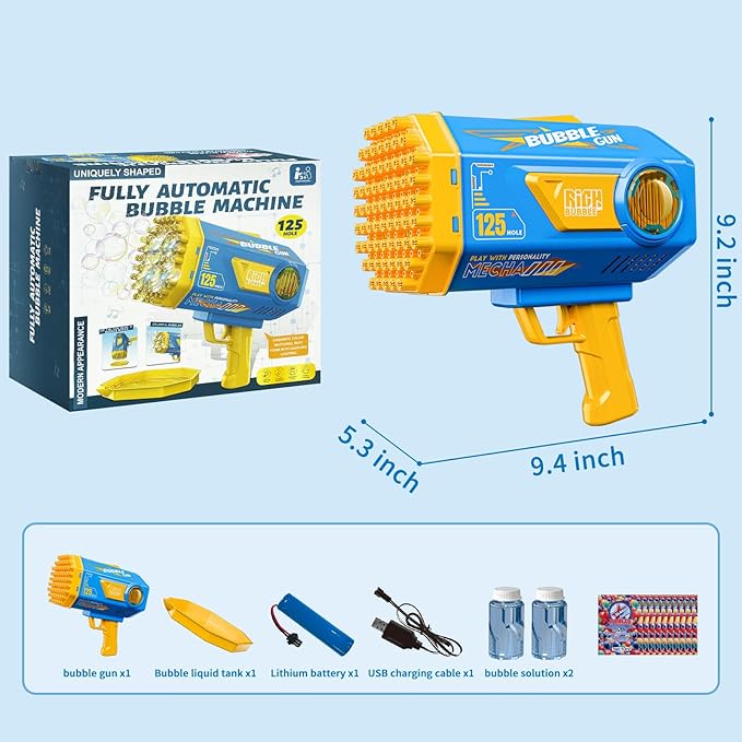 Bubble Gun, 125 Holes Bubble Machine with Lights, Bubble Guns for Kids Ages 4-8 Year Old, Big Bubble Gun Blaster for Wedding, Halloween Outdoor Toy Birthday Bubble Maker Party Favors (Blue)