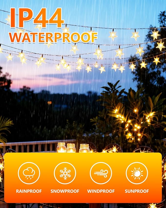 Twinkle Star 2 Pack 100 LED Star String Lights, Plug in Fairy String Lights Waterproof, Extendable for Indoor, Outdoor, Wedding Party, Christmas Tree, New Year, Garden Decoration, Warm White