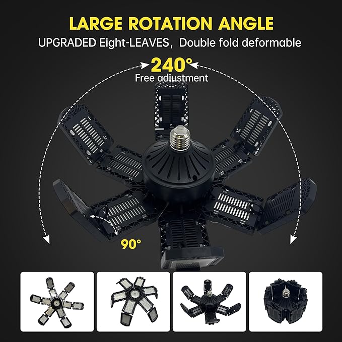 2 Packs LED Garage Light,Super Bright Screw in E26/E27 Ceiling Shop Work Lamp, 280W 30000 Lumen Deformable Basement Bulb Fixture with 12+1 Adjustable Panels, Lighting for Workshop, Attic