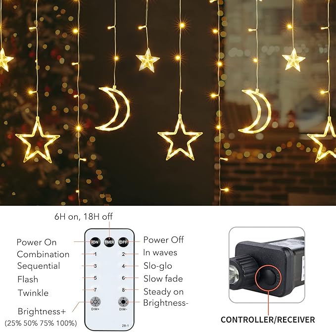 Christmas LED Curtain String Lights - 18FT 12 Drops 138 LED Star Moon Hanging Lights with Remote, 8 Modes, 6H Timer, Waterproof Connectable Window Lights for Indoor Outdoor Holiday Decorations