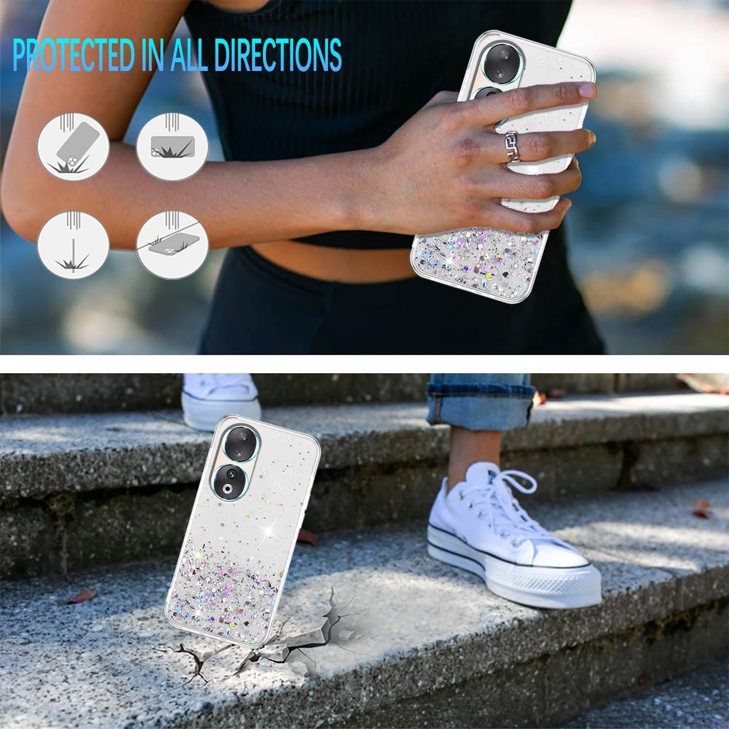 Honor 90 Case - Glitter Clear Pink, Soft TPU Silicone, Shockproof Protective Slim Cover for Women & Girls.
