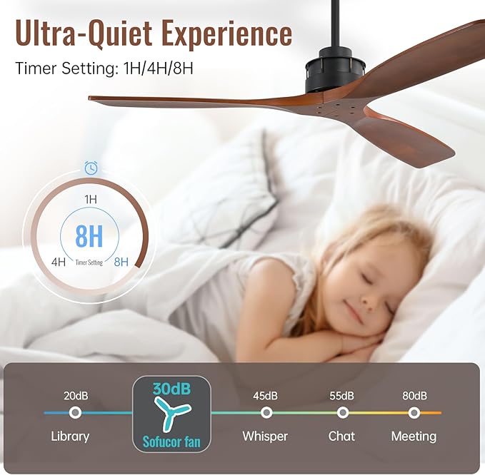 Sofucor 60 Inch Ceiling Fan No Light, Indoor/Outdoor Ceiling Fans Without Lights Remote Control, Reversible DC Motor, 6 Speed, Timer, 3 Blade Solid Wood Ceiling Fans for Bedroom Patio Farmhouse