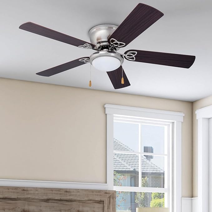 Prominence Home Benton Traditional 52 Inch Ceiling Fan with Light, LED Flush Mount Ceiling Fan, Indoor Fan with 5 Blades, Brown Walnut and Brown Maple Blade Finish Options, Brushed Nickel (51428-01)