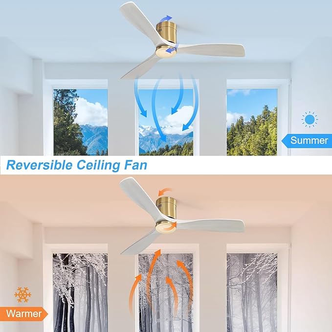 Sofucor 52 Inch Ceiling Fan No Light, Flush Mount Ceiling Fans with Remote, Solid Wood Indoor/Outdoor Ceiling Fans Without Lights, Reversiable DC Motor, Modern Ceiling Fan for Bedroom Farmhouse Patio