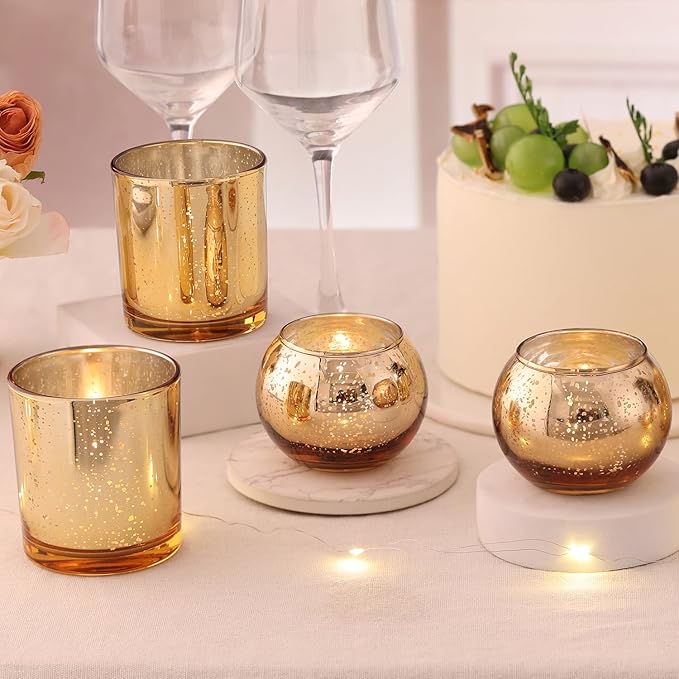 10 Pcs Assorted Gold Votive Candle Holders, Larger Size Mercury Glass Votives with Round Candle Holder for Wedding Decorations, Gold Tealight Candle Holder for Party Table Centerpieces