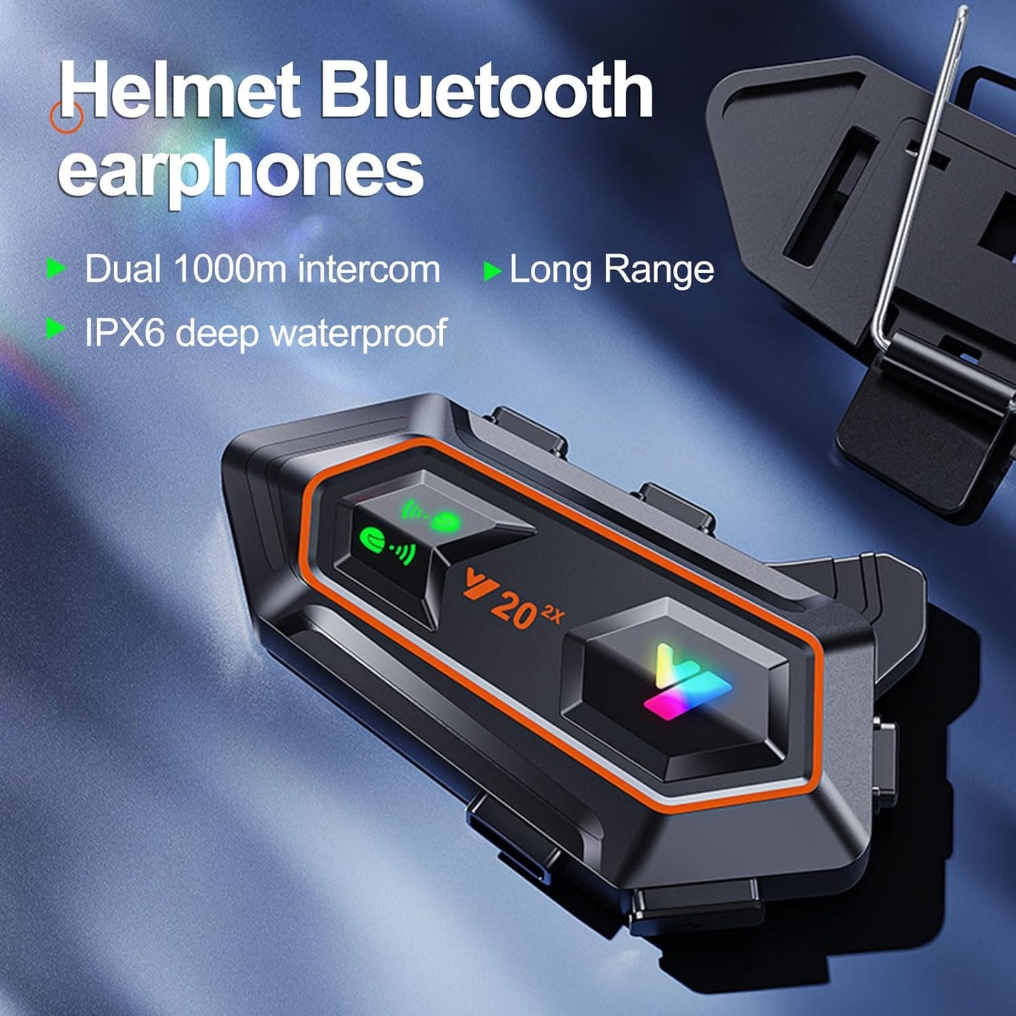 Y20-2X Motorcycle Helmet Bluetooth Headset, Dual 100m Intercom, Bluetooth 5.3, Smart Noise Reduction, IPX6 Waterproof