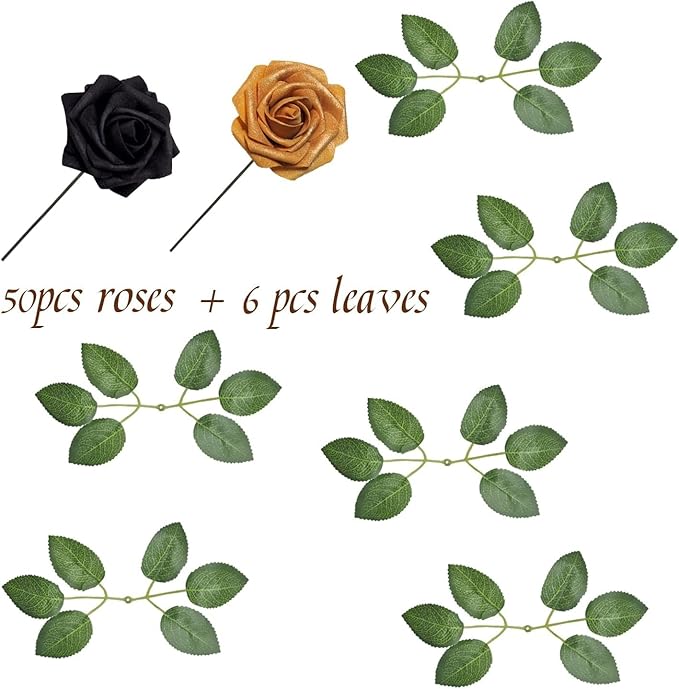 Black and Gold Flowers Artificial Roses for Centerpieces, 50PCS Fake Flowers for Wedding Decorations Bouquets Baby Shower Centerpieces Home Decor Arrangements Party