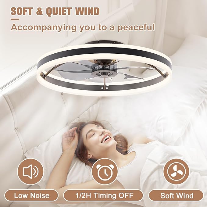 VOLISUN Low Profile Ceiling Fans with Lights and Remote, 23.6in Flush Mount Ceiling Fans with Light, 3000K-6500K Dimmable Fandelier LED Fan Light, Black Bladeless Ceiling Fans with Lights for Bedroom
