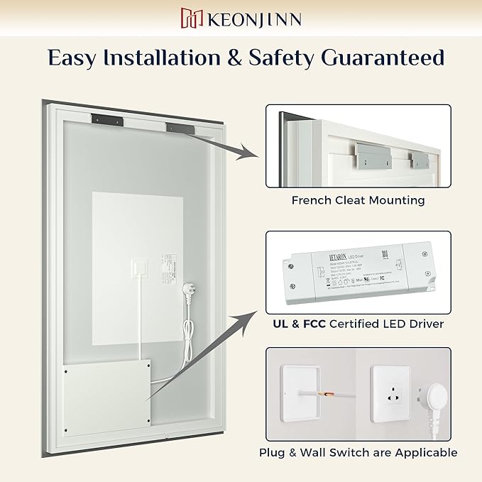 Keonjinn LED Bathroom Mirror with Lights 36 x 36 Inch, Backlit Vanity Mirrors for Wall, Stepless Dimmable, Anti Fog, Waterproof, CR90+ Tempered Glass, Memory Founction, High Lumen