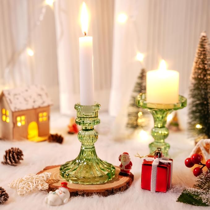 Suclain 24 Pcs Glass Taper Candle Holder Sets 12 Candlestick Holder with 12 White Long Candles for Wedding Party Decor Dinner Decoration(Green)