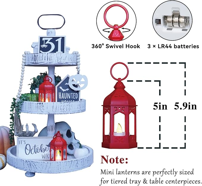 LLQ 8 Pcs Mini Lantern Decor Moroccan Lantern with Flickering LED Candle Table Centerpiece Small Vintage Christmas Hanging Lamp Ornaments Bulk for Wedding Halloween Christmas Party (5 Inch,Red)