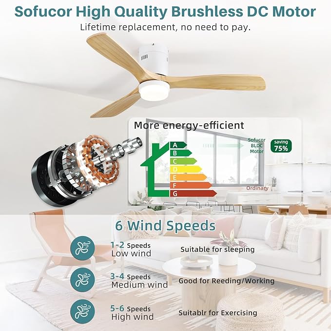 Sofucor 52 Inch Natural Wood & White Smart Ceiling Fans with Light Flush Mount Low Profile Modern Outdoor Solid Wood Ceiling Fan with Alexa/Google/APP/Remote Control for Bedroom/Farmhouse/Patio/Indoor