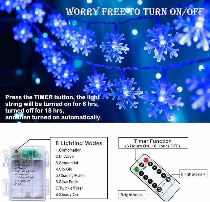 Christmas Snowflake String Lights, 20 FT 40 LED Battery Operated Blue Fairy Lights with Remote, 8 Modes Hanging Lights for Bedroom Room Decor Patio Party Wall Indoor Outdoor Xmas Tree Decorations