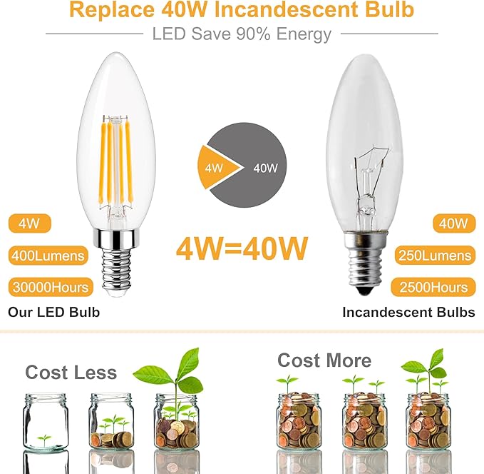 GOLSPARK Led Candelabra Light Bulb Filament Vintage Edison Chandelier Dimmable Bulbs,40 Watt Equivalent,Warm White 2700k,400 Lumen,E12 Base,6 Pack