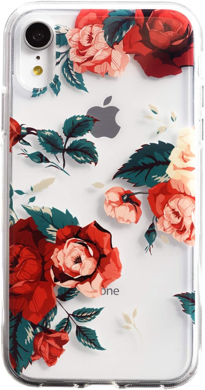 Flower Case for iPhone XR (6.1"), Floral Pattern Clear Slim Fit Ultra-Thin Design, Shockproof Hard PC Back (Red Roses)