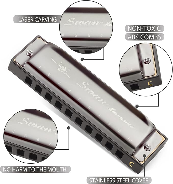 SWAN Blues Harmonica C Key for Kids& Adults, 10 Hole 20 Tone Diatonic Harmonica Key of C Blues Harp for Beginners& Students, Mouth Organ in Stainless Steel Gunmetal Black, SW1020-7C