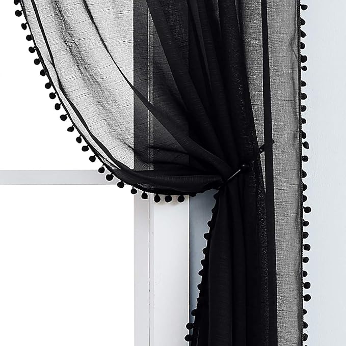 Treatmentex Modern Black Sheer Curtains for Studio 72 inches Long Bedroom Curtain Panels Living Room Bedroom Pom Pom Window Drapes 2-Pack