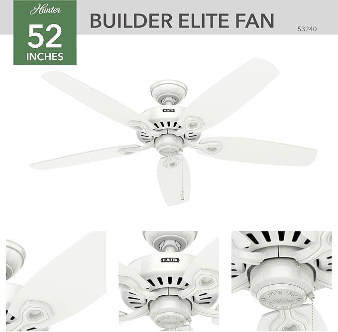 Hunter 52 inch Indoor Ceiling Fan No Light with Pull Chain - White Ceiling Fan without Light, Standard Mount, 5 Blades, For Bedroom, Living Room, or Kitchen - Builder Elite 53240, Snow White