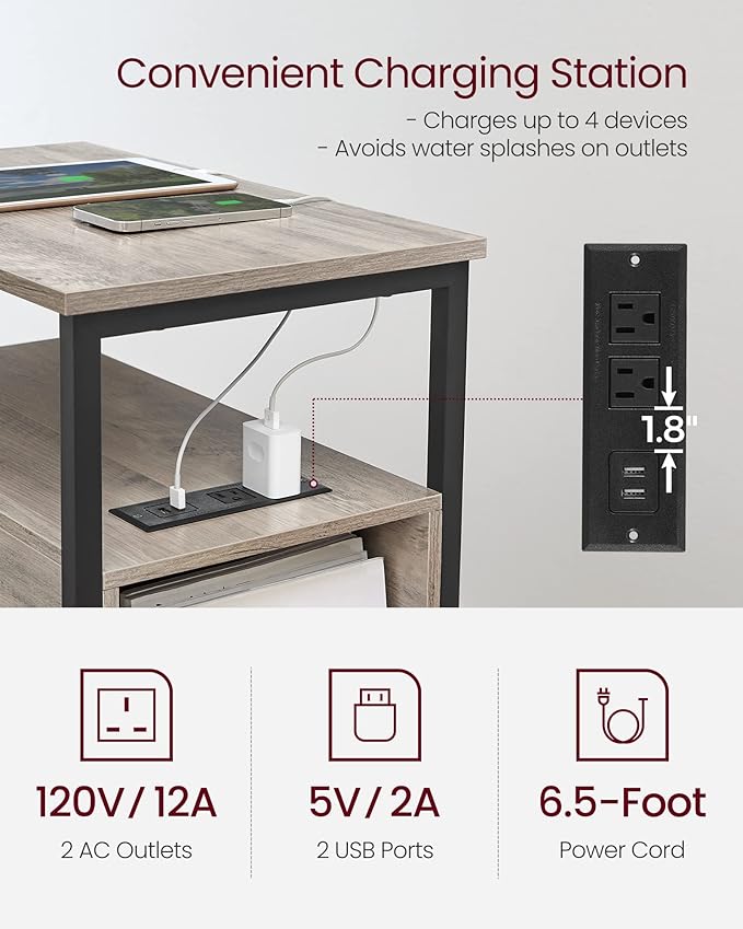 VASAGLE Side End Table with Charging Station, Slim Nightstand with 2 Drawers, Narrow Bedside Table for Living Room, Small Spaces, Heather Greige and Ink Black ULET321B02