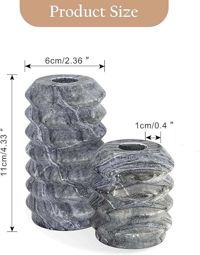 WORHE Candle Holders Italy True Natural Travertine Stone 0.4" Thick Set of 2 Marble Candlestick Holder for Christmas Wedding Dinning Party Candle Stand for 3/4 inch Candles Color Black (ZT001)